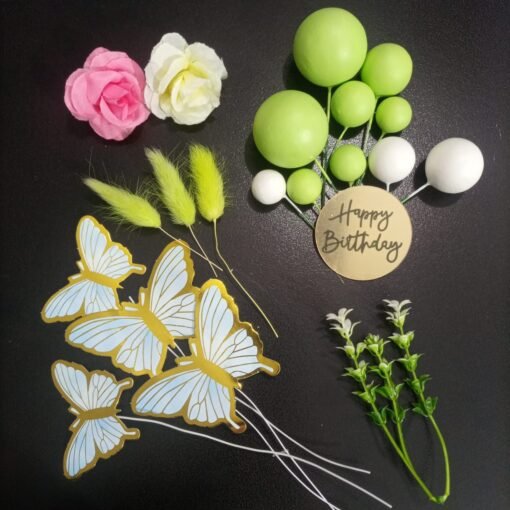 Cake Topper Set (Butterflies, Faux Balls, Flowers, Bunny Tail, Acrylic Disc) - Image 4