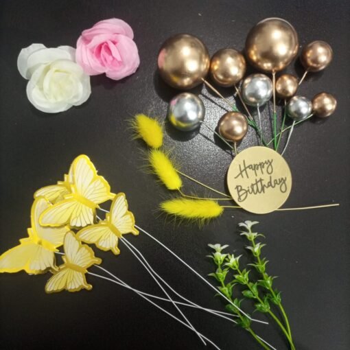 Cake Topper Set (Butterflies, Faux Balls, Flowers, Bunny Tail, Acrylic Disc)