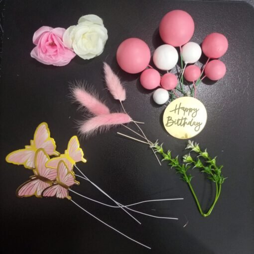 Cake Topper Set (Butterflies, Faux Balls, Flowers, Bunny Tail, Acrylic Disc) - Image 5