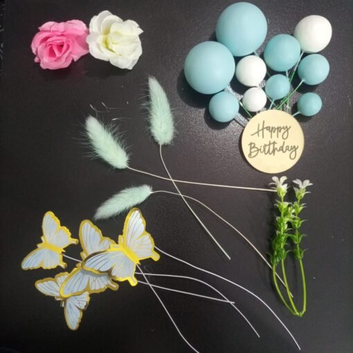 Cake Topper Set (Butterflies, Faux Balls, Flowers, Bunny Tail, Acrylic Disc) - Image 3